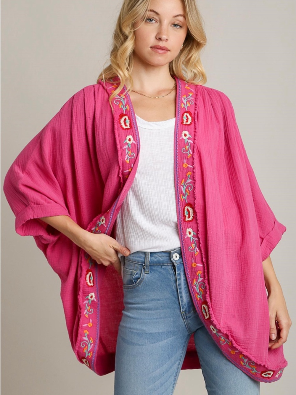 Umgee Cotton Gauze Embroidery Open Front
Kimono with 3/4 Sleeves